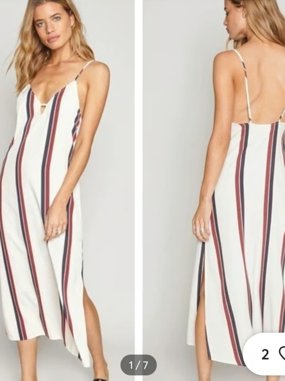 Amuse Society Striped V-Neck Midi Slip Dress, Adjustable Straps, M